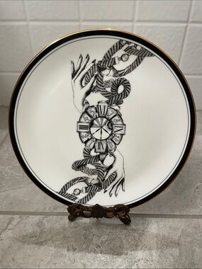 White Porcelain Dinner Plate with Black Nautical Motif and Gold Trim